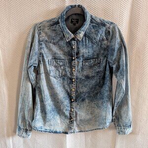 Pepe Jeans Button Down Denim Shirt Pearl Button Snaps Western Medium - Large